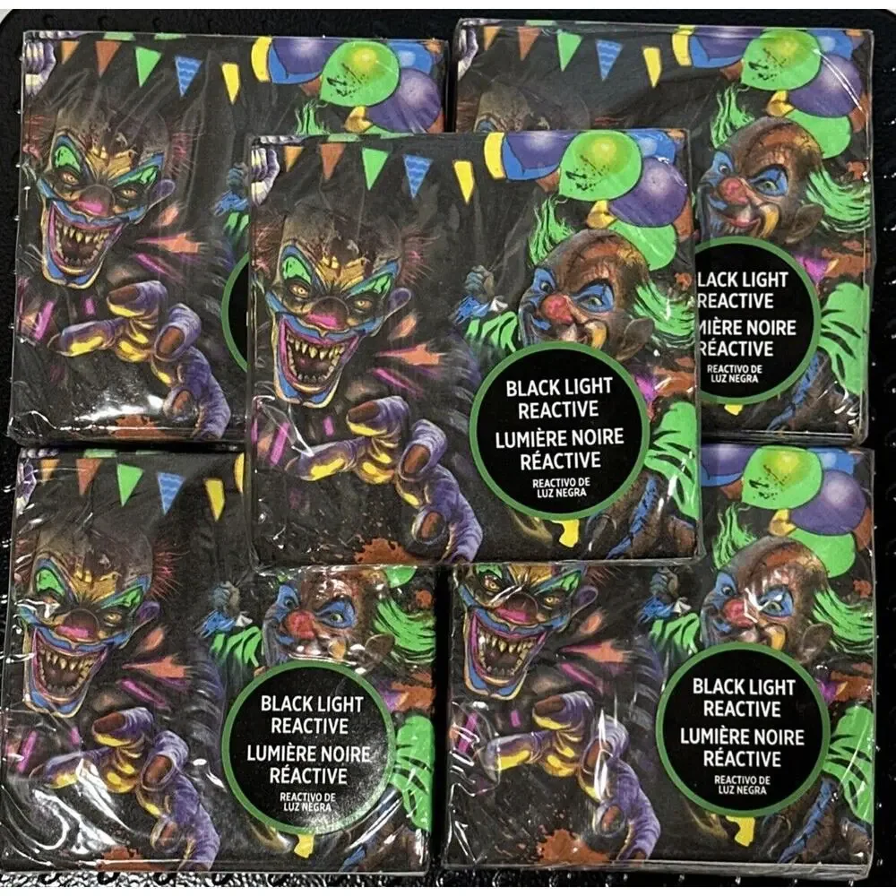 200 Count Creepy Carnival Clown Blacklight Reactive Halloween Beverage Napkins